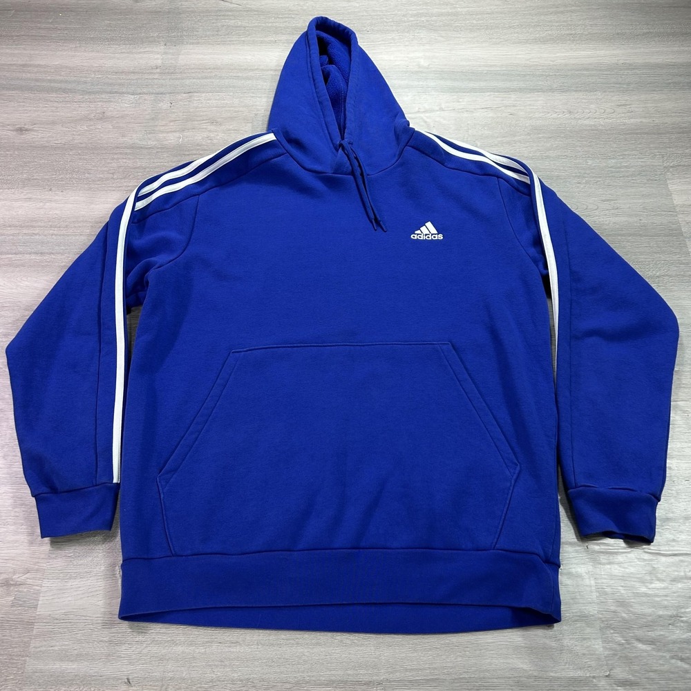 Adidas Hoodie Mens Large Blue Three Stripe Fleece Pullover Sweatshirt IJ8934